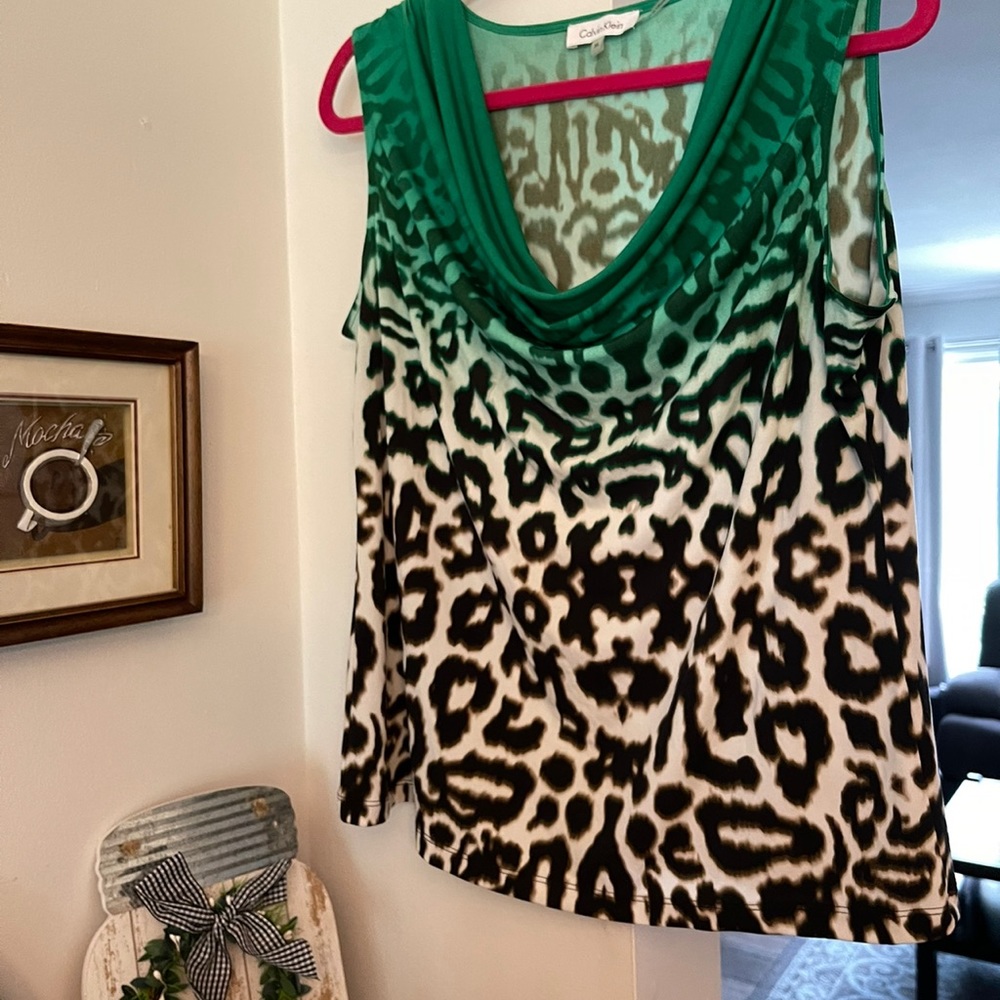 Women’s Calvin Klein Cowl Neck Sleeveless Top. Green, Black, Beige.